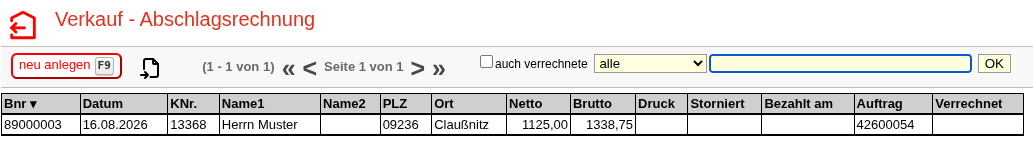 Liste der Abschlagsrechnungen mit der Schaltfläche „neu anlegen", dem Abruf-Symbol
und den Filtern