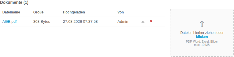 Bereich „Dokumente (1)" am Textbaustein mit der hochgeladenen Datei „AGB.pdf"
und der Upload-Fläche daneben
